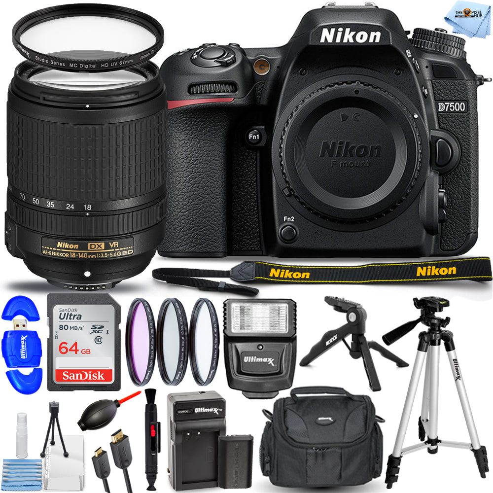 Nikon D7500 DSLR Camera with 18-140mm Lens + 64GB + Filter Kit + Flash Bundle