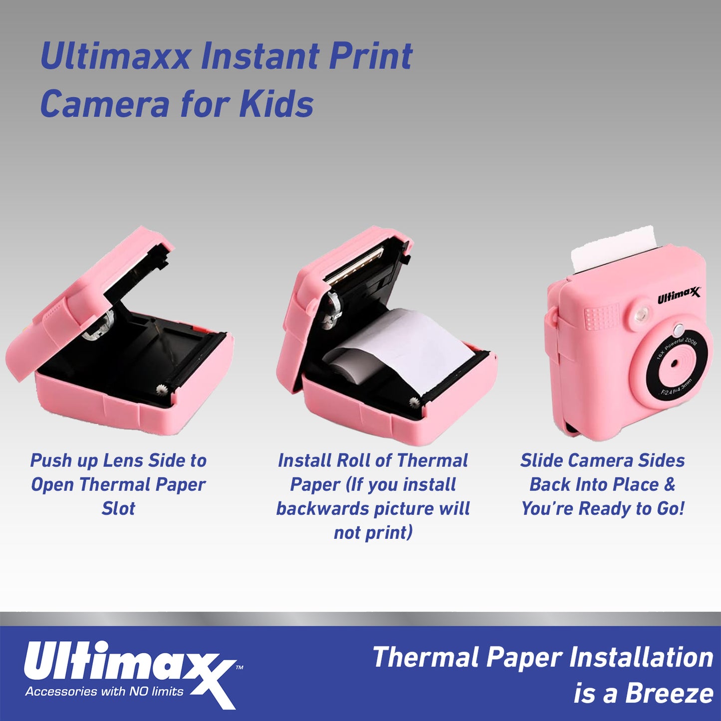 Ultimaxx Appareil photo à impression instantanée pour enfants et adolescents âgés de 8 à 12 ans débutants avec 3 rouleaux de papier d'impression Kit cadeau de Noël Micro SD 32 Go