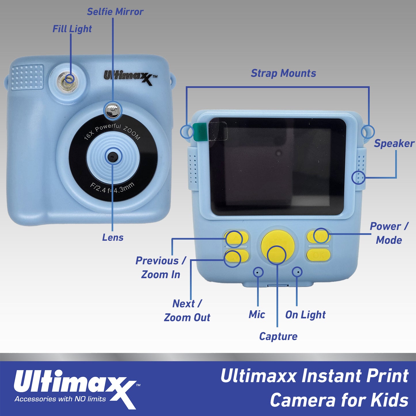 Ultimaxx Appareil photo à impression instantanée (bleu) pour enfants et adolescents âgés de 8 à 12 ans débutants avec 3 rouleaux de papier d'impression Kit cadeau de Noël Micro SD 32 Go