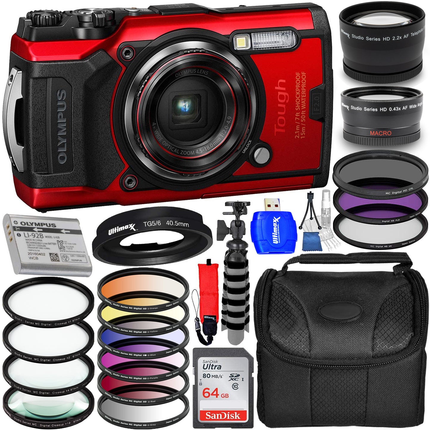 Appareil photo numérique Olympus Tough TG-6 (rouge) V104210RU000 + 64 Go + kit de filtres