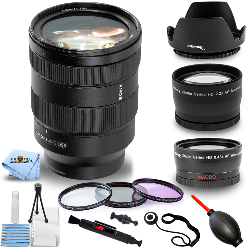 Objectif Sony FE 24-105 mm f/4 G OSS SEL24105G + ensemble téléobjectif et objectif grand angle