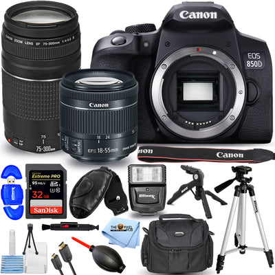 Reflex numérique Canon EOS 850D avec 18-55 mm + 75-300 mm + 32 Go + Flash Bundle