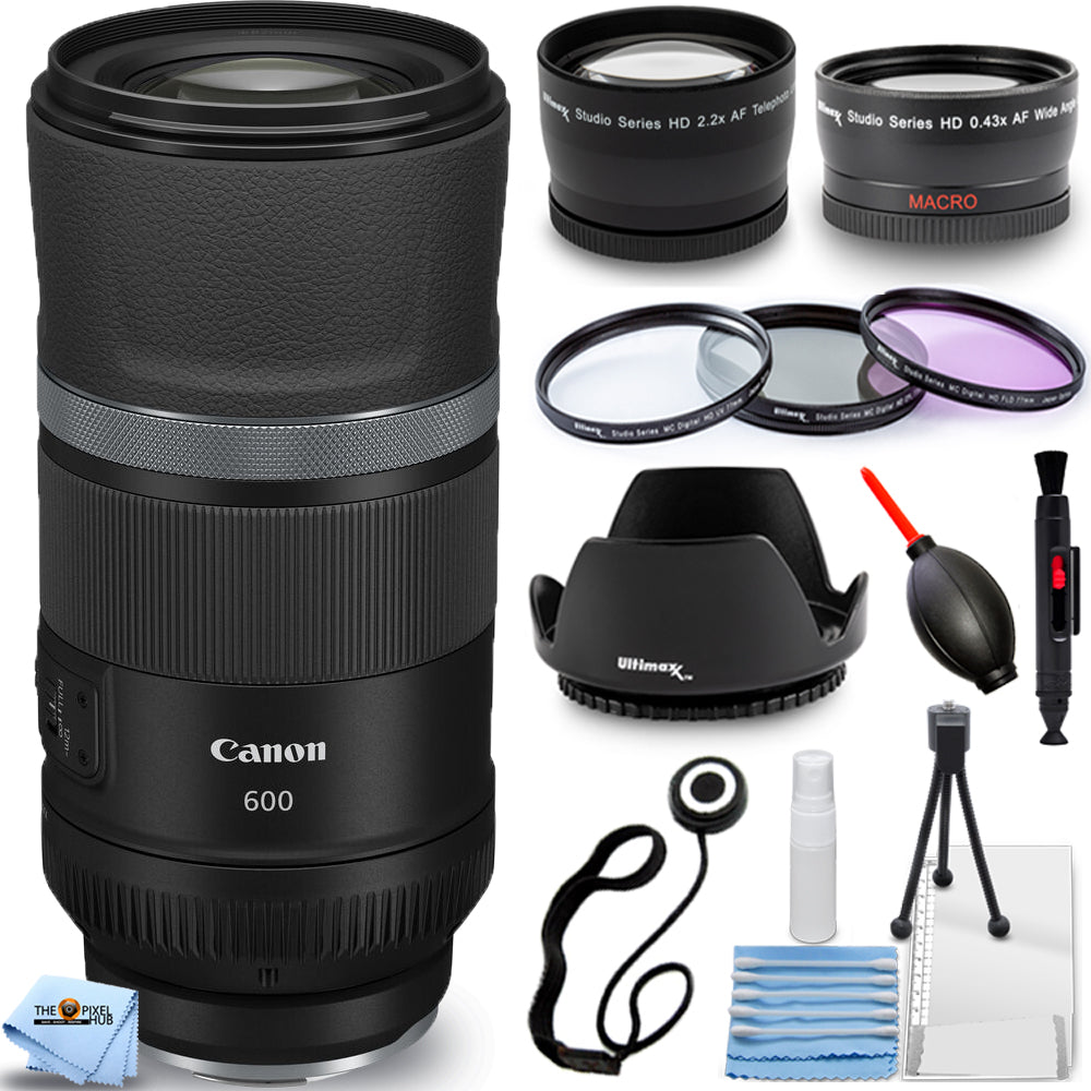 Canon RF 600mm f/11 IS STM Lens 3986C002 + Telephoto and Wide Angle Lens Bundle