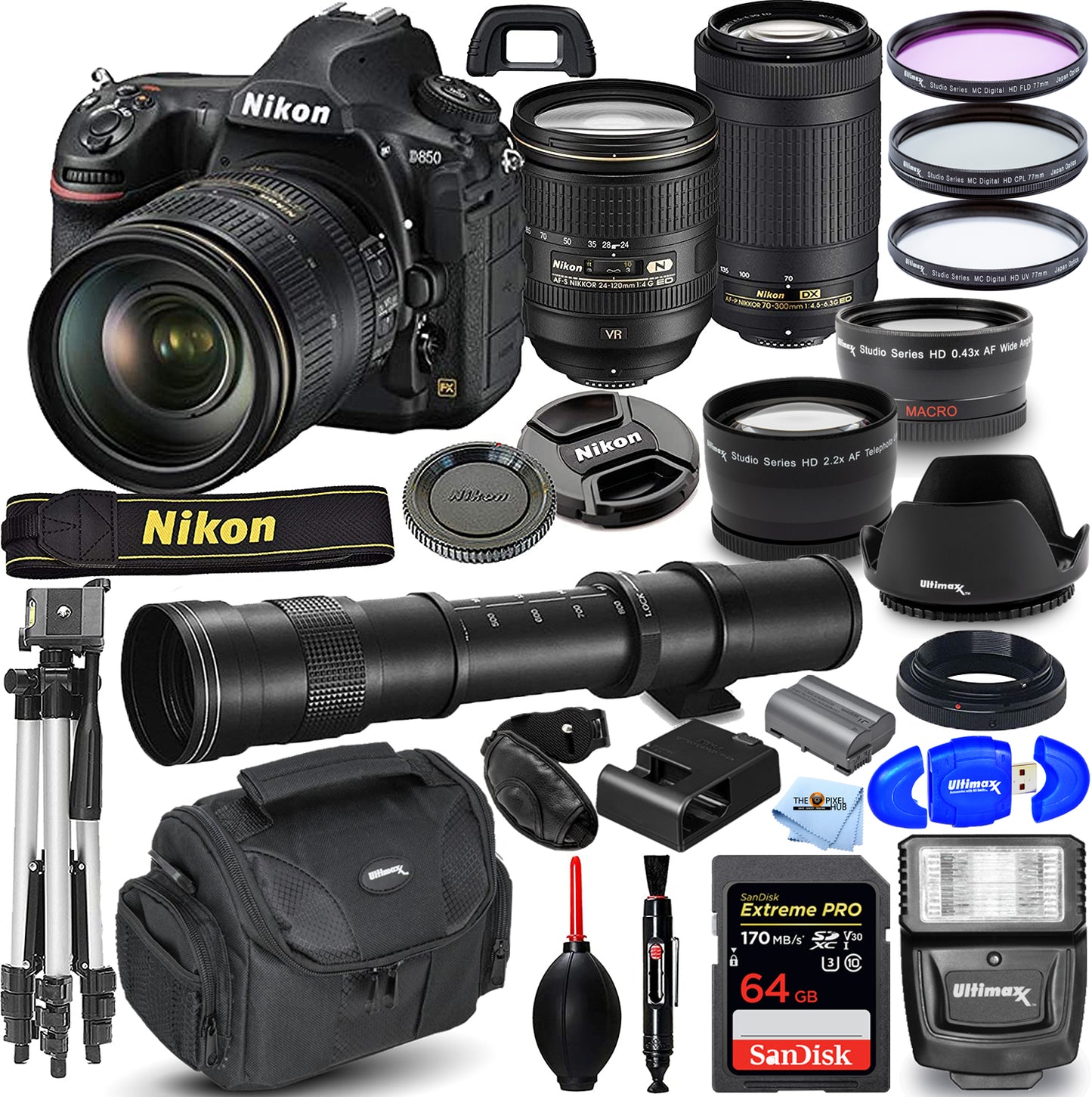 Nikon D850 DSLR + objectifs 70-300 mm + 24-120 mm + 420-800 mm - Offre groupée de 64 Go