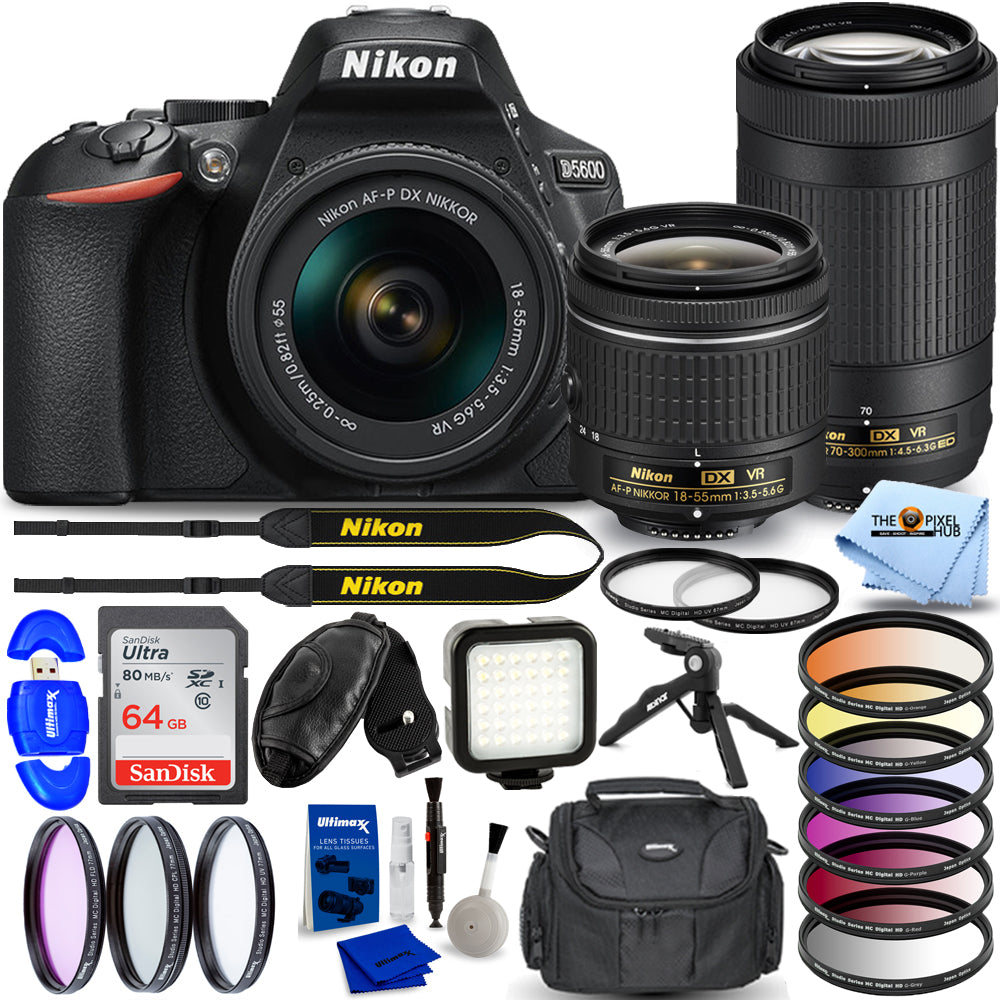 Appareil photo reflex numérique Nikon D5600 avec VR 18-55 mm et 70-300 mm + 64 Go + kit de filtres