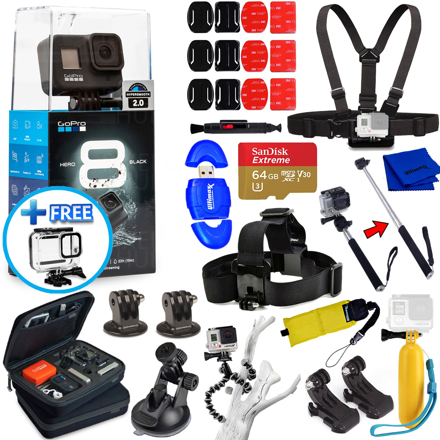 GoPro HERO8 HERO 8 Black - All In 1 PRO ACCESSORY KIT + 64GB + Tripod and More