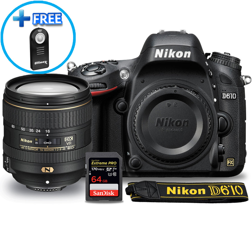 Appareil photo Nikon D610 avec objectif 16-80 mm f/2.8-4E ED VR + pack SD Extreme Pro 64 Go