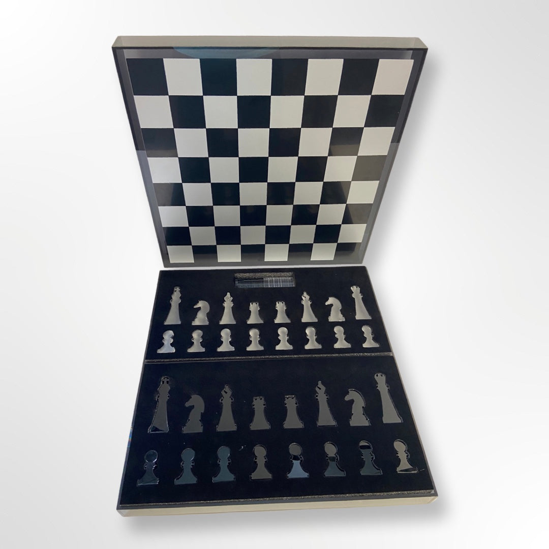 Lucite Acrylic Chess + Checkers Premium Set - Large 17.5" (Black/Silver)