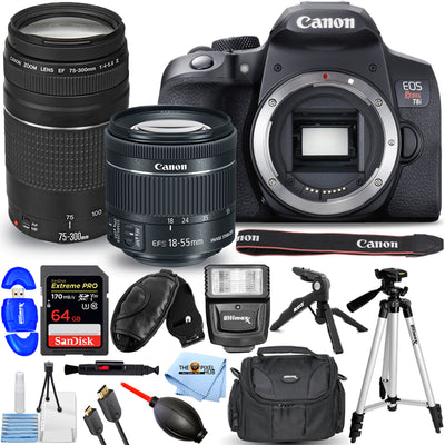 Canon EOS Rebel T8i avec objectif 18-55 mm + 75-300 mm III + 64 Go + pack flash