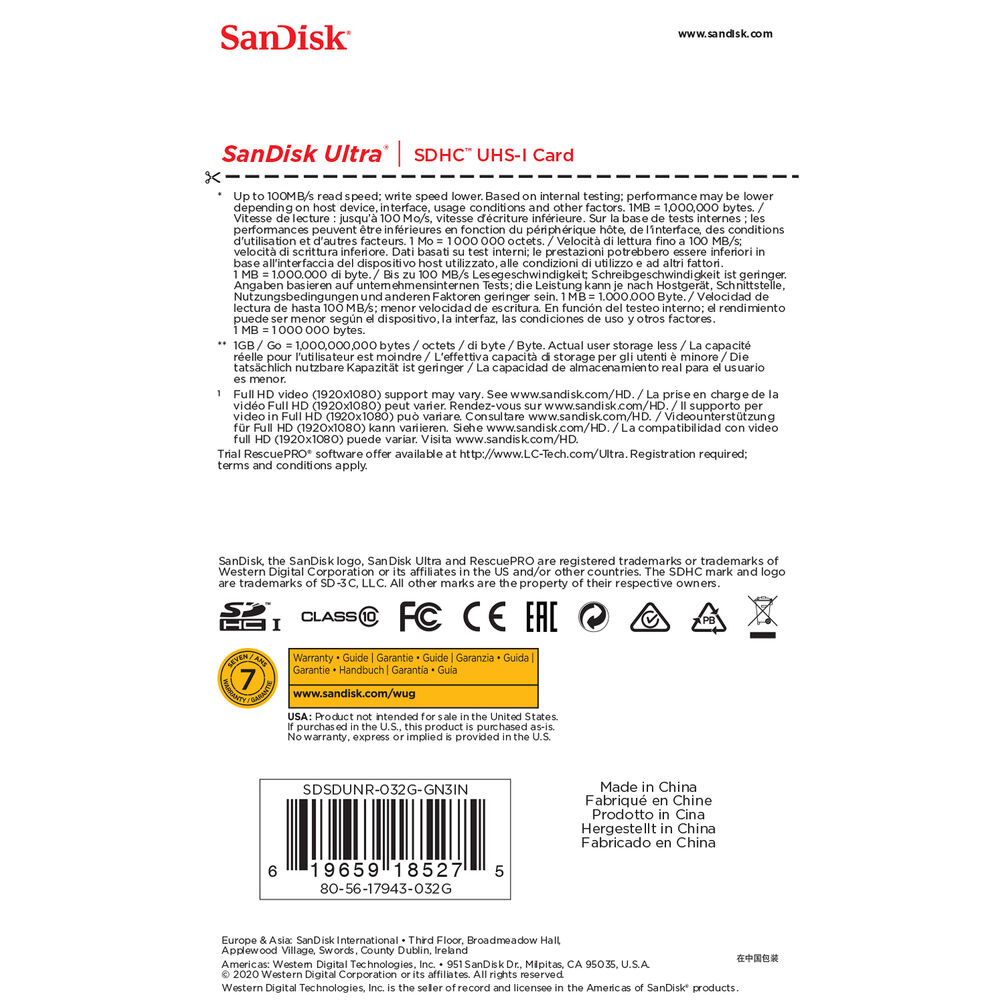 Carte mémoire SanDisk Ultra SDHC UHS-I 32 Go - SDSDUNR-032G-GN6IN