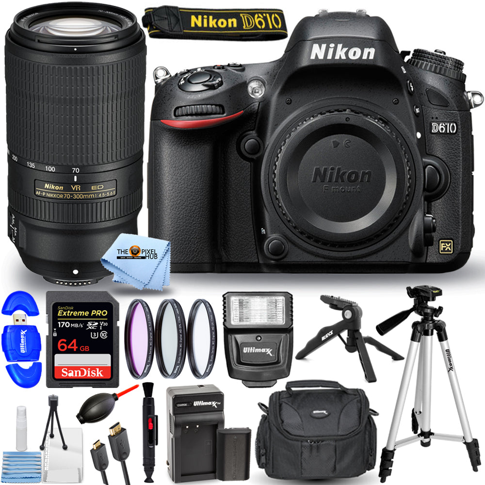 Appareil photo Nikon D610 avec objectif 70-300 mm f/4.5-5.6E ED VR + BATTERIE EXT + Pack 64 Go