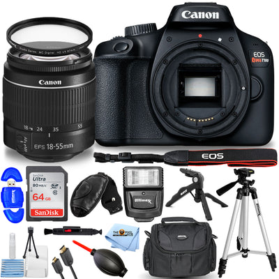 Appareil photo Canon EOS Rebel T100/4000D avec objectif DC III 18-55 mm + 64 Go + pack flash