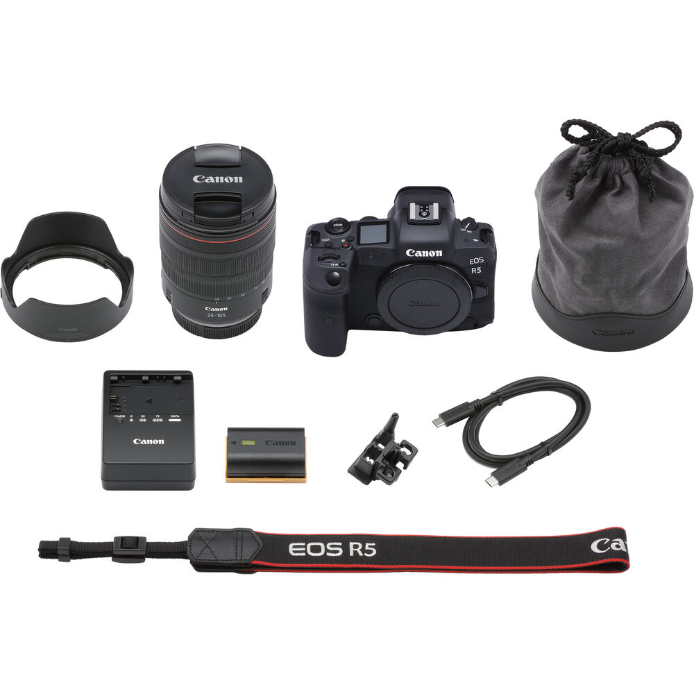 Appareil photo sans miroir Canon EOS R5 avec objectif 24-105 mm f/4 - Ensemble d'accessoires 13 pièces