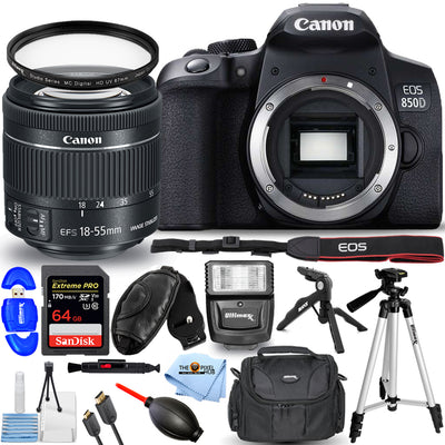 Appareil photo Canon EOS 850D avec objectif IS STM 18-55 mm + 64 Go + Flash + Trépied