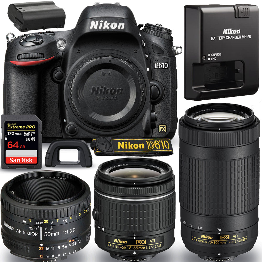 Appareil photo reflex numérique Nikon D610 + 18-55 mm + 70-300 mm + 50 mm - Ensemble d'accessoires 3 OBJECTIFS