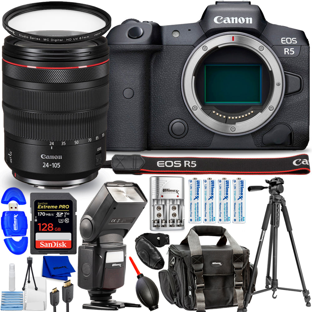 Appareil photo sans miroir Canon EOS R5 avec objectif 24-105 mm f/4 - Ensemble d'accessoires 13 pièces