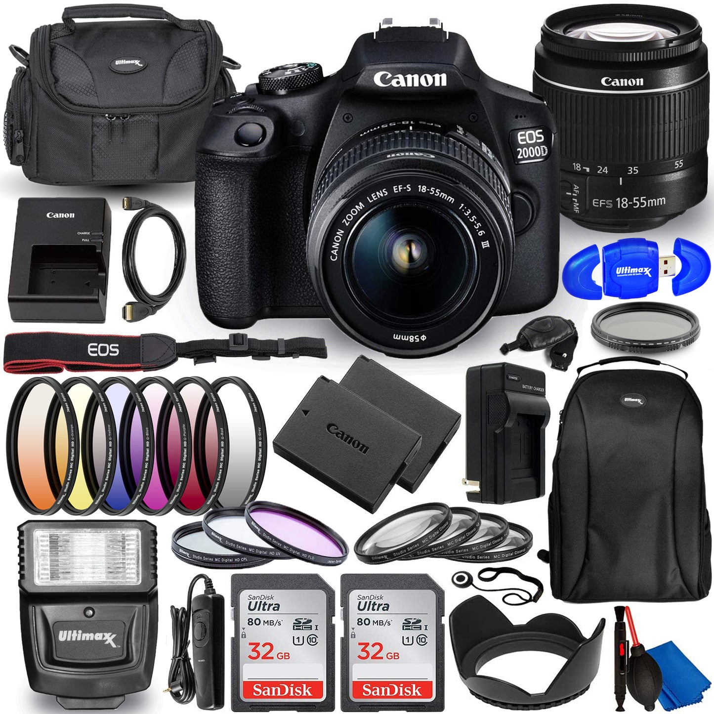 Canon EOS 2000D / Rebel T7 with 18-55mm III Lens - 30PC Accessory Bundle