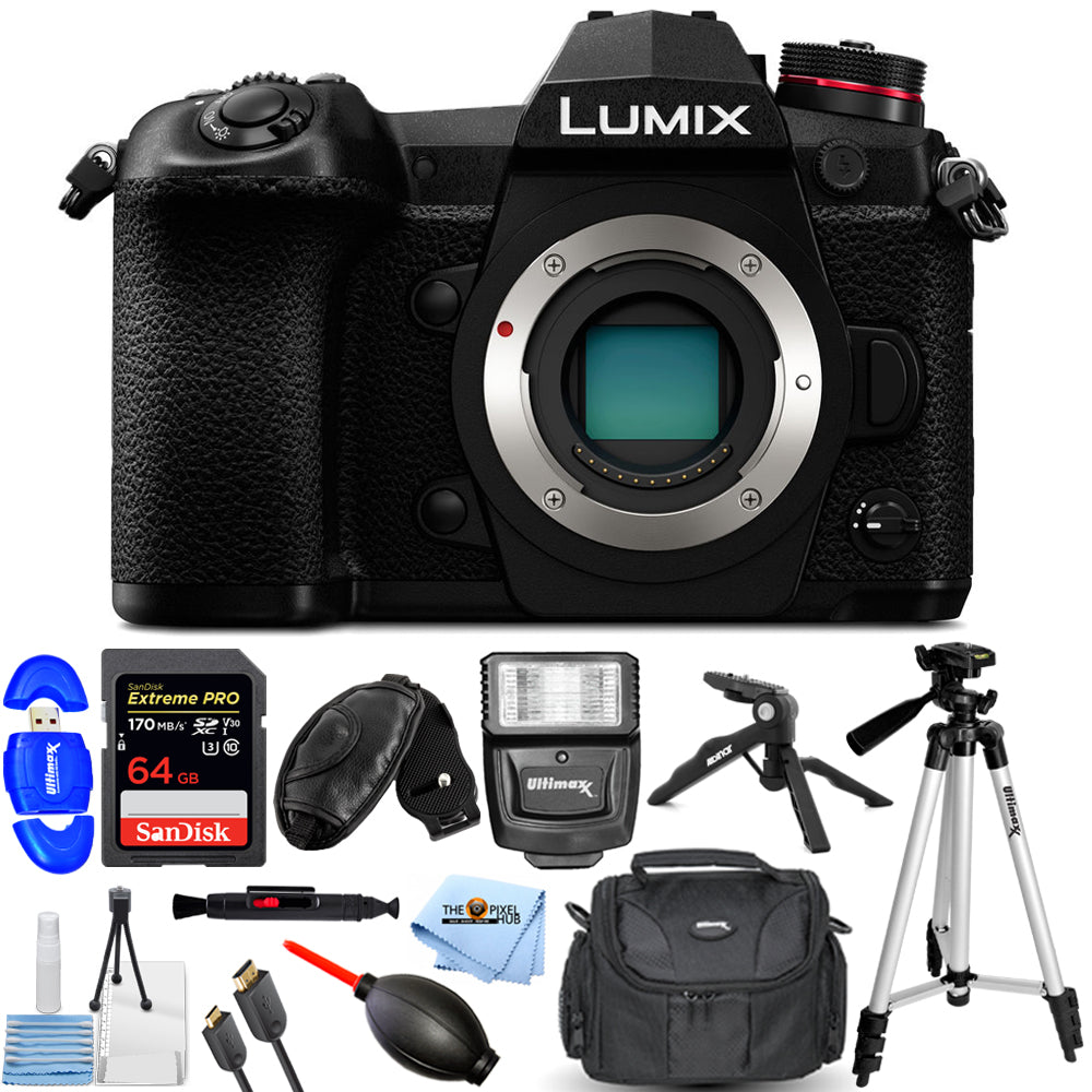 Panasonic Lumix DC-G9 Appareil photo Micro 4/3 sans miroir (corps) + 64 Go + Flash Bundle