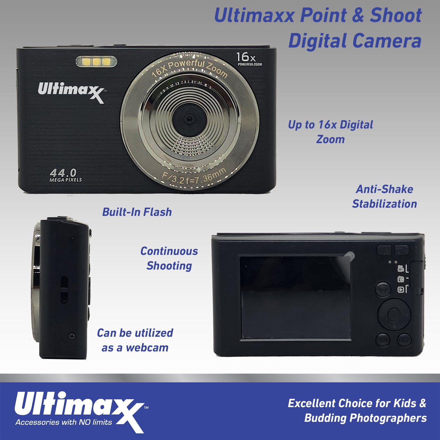 Ultimaxx 44MP Digital Compact Camera with 16x Digital Zoom w/ 32GB Card Bundle - Perfect Gift for Kids