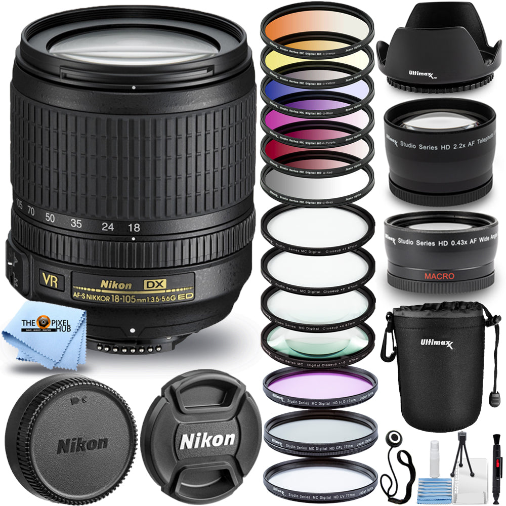 Nikon AF-S DX NIKKOR 18-105mm f/3.5-5.6G ED VR + Kits de filtres + Pochette