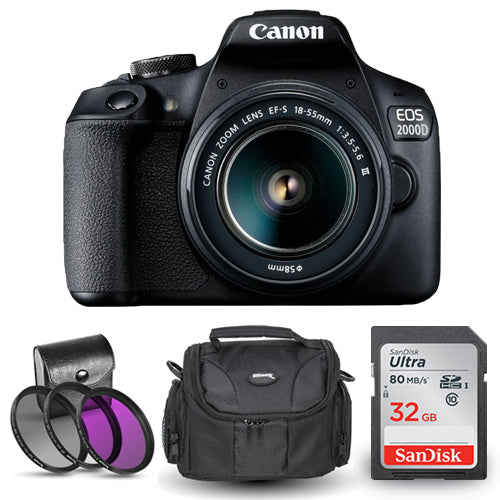 Canon EOS 2000D / Rebel T7 avec 18-55 mm III + 32 Go SD + Sac gadget + Kit de filtres