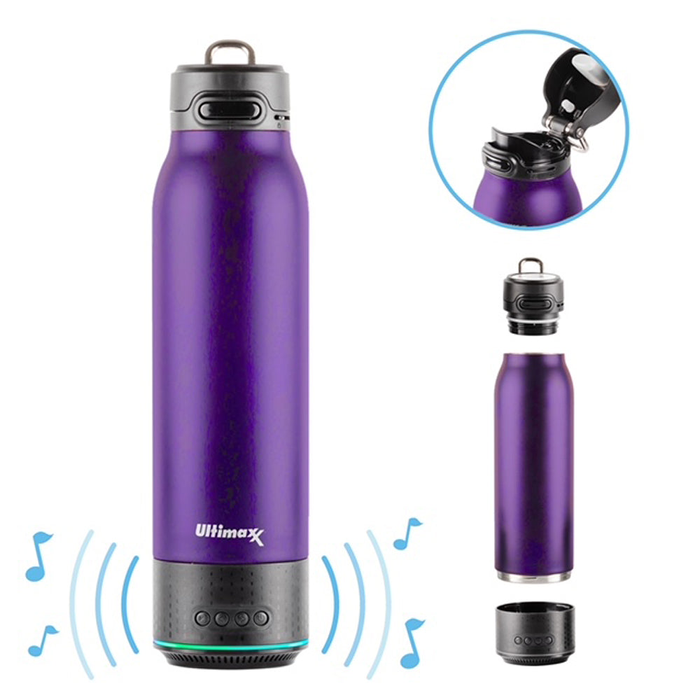 Bouteille d'eau de qualité supérieure isolée sous vide Ultimaxx avec haut-parleur Bluetooth rechargeable - Double paroi en acier + lumières - VIOLET PROFOND