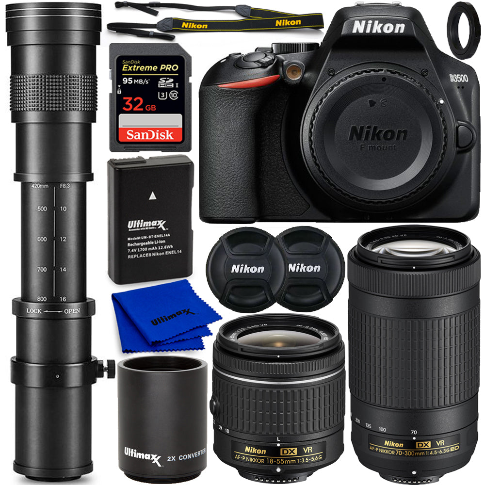 Nikon D3500 DSLR with AF-P 18-55mm + 70-300mm + 420-800mm + 32GB Bundle