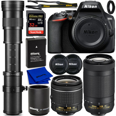 Reflex numérique Nikon D3500 avec AF-P 18-55 mm + 70-300 mm + 420-800 mm + pack 32 Go