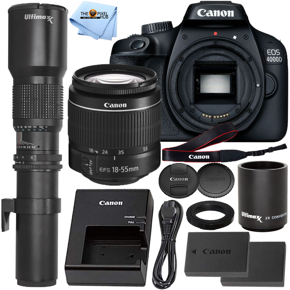 Canon EOS 4000D / Rebel T100 avec objectif EF-S 18-55 mm III + ensemble 500 mm/1 000 mm