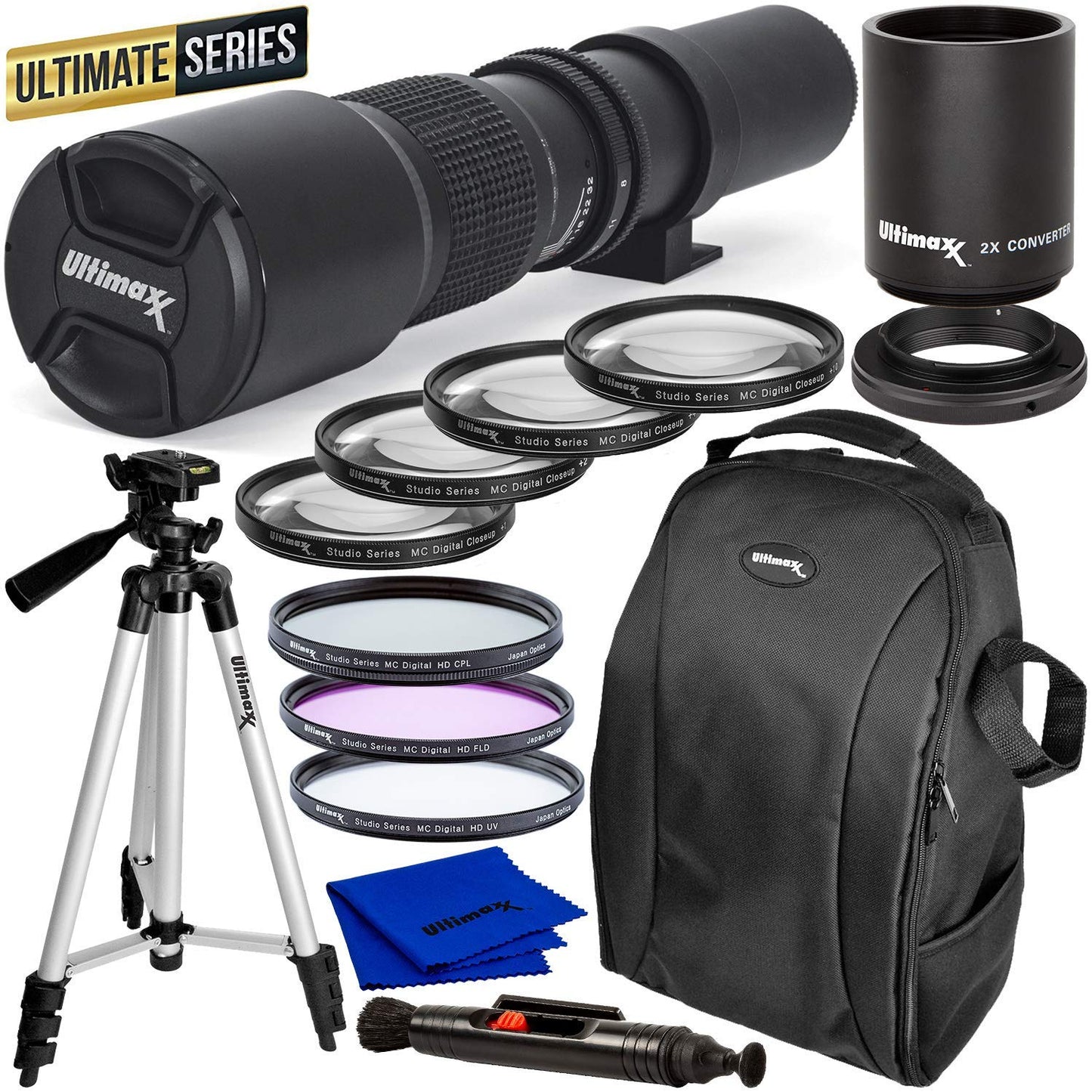 ULTIMAXX haute puissance 500 mm/1000 mm f/8 pour reflex numériques Canon avec kits de filtres + sac à dos