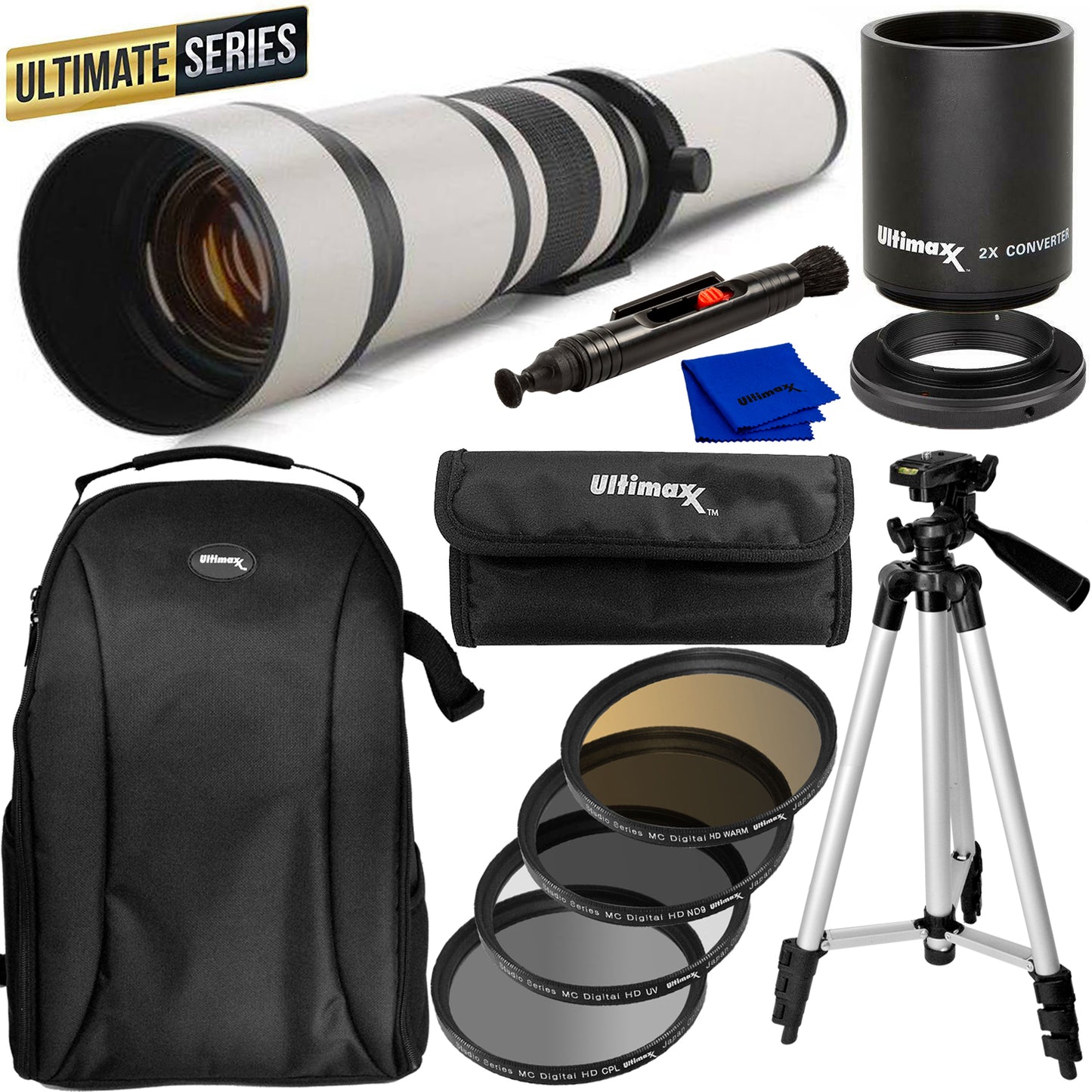 Objectif Super Zoom ULTIMAXX 650-1300mm f/8 pour Canon EF + Kit Filtre + Sac à Dos