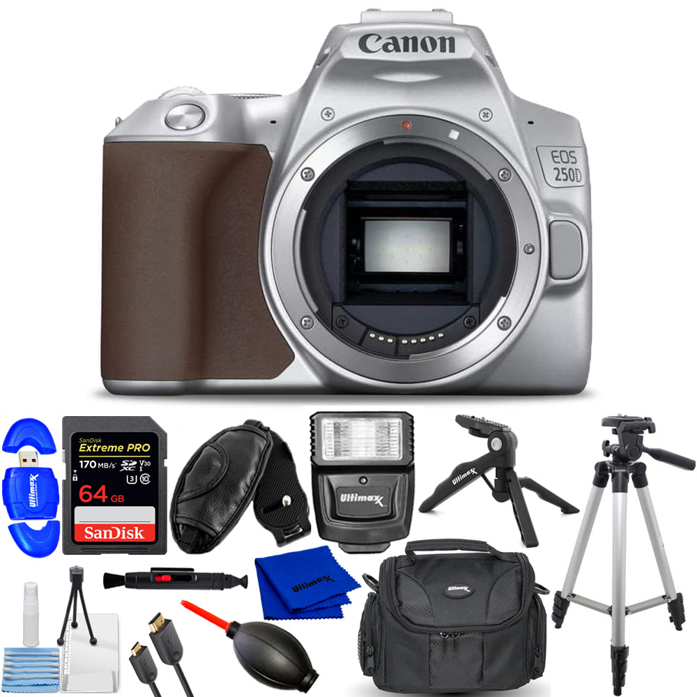 Canon EOS 250D/Rebel SL3 DSLR Camera (Silver, Body Only) - 12PC Accessory Bundle