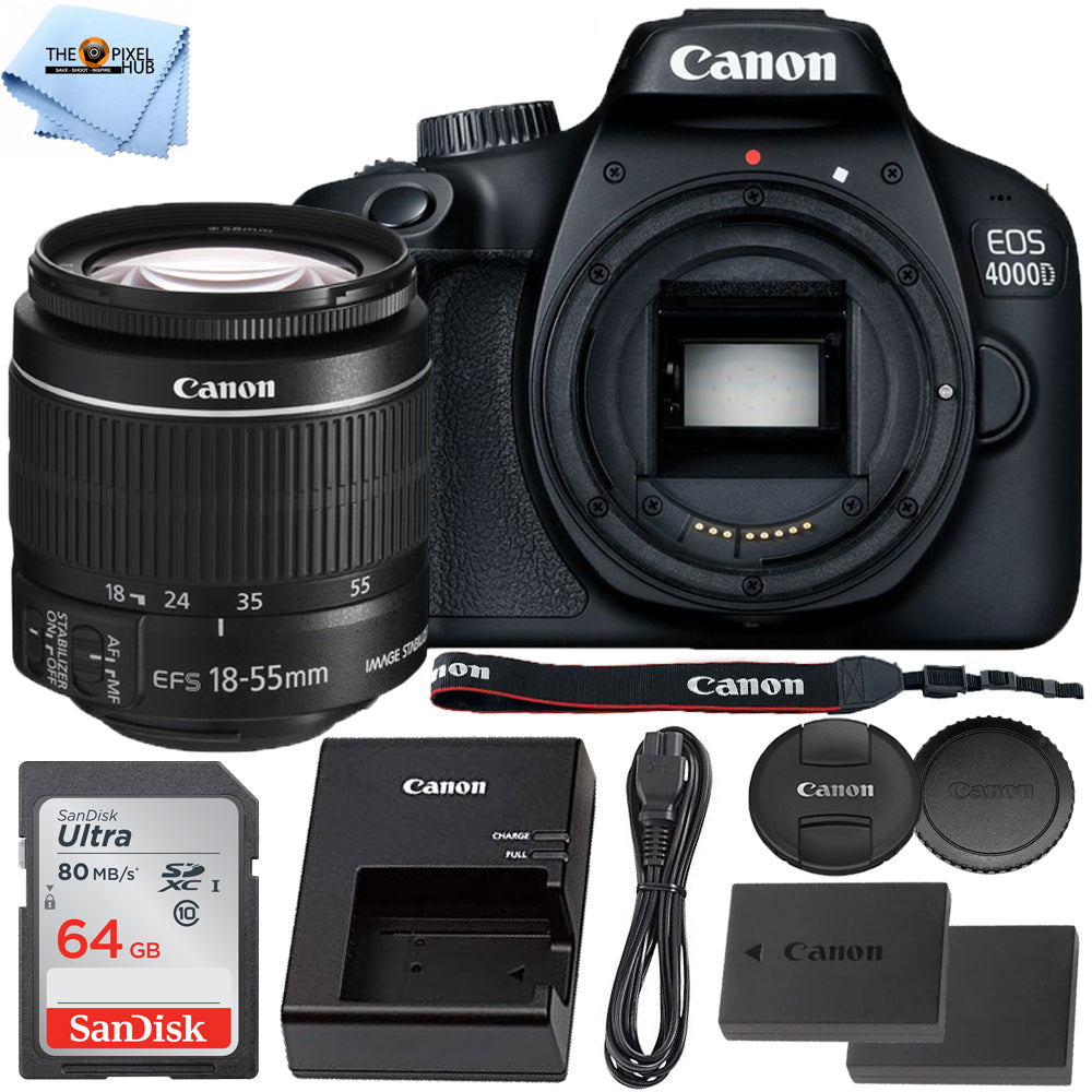 Canon EOS 4000D avec objectif EF-S 18-55 mm f/3.5-5.6 IS II + BATTERIE EXT + Pack 64 Go