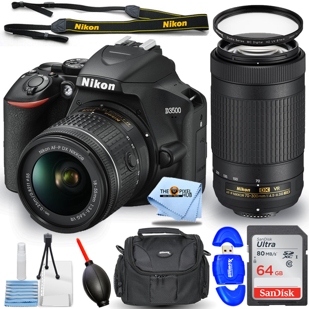 Appareil photo reflex numérique Nikon D3500 avec objectifs AF-P DX 18-55 mm + 70-300 mm VR, lot de 64 Go