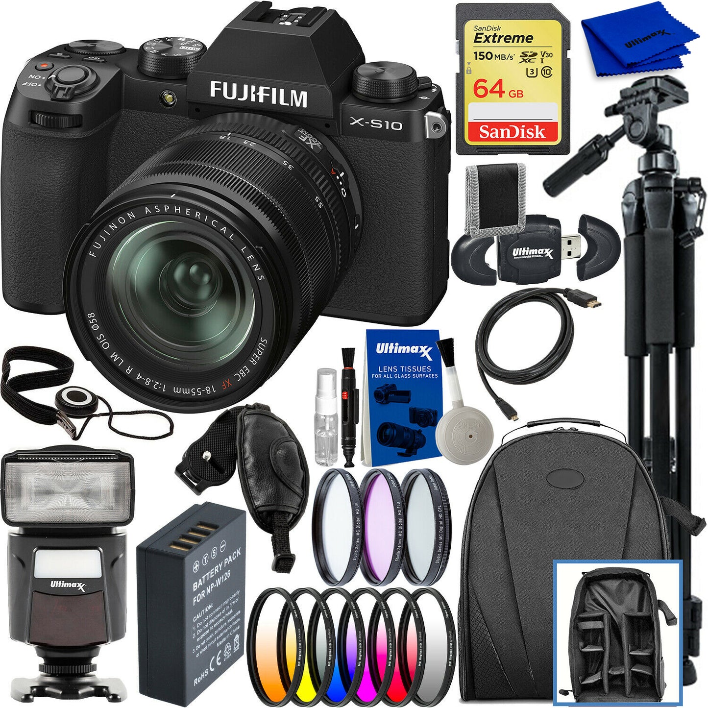 FUJIFILM Appareil photo sans miroir FUJI X-S10 avec objectif 18-55 mm - Kit d'accessoires 14 pièces