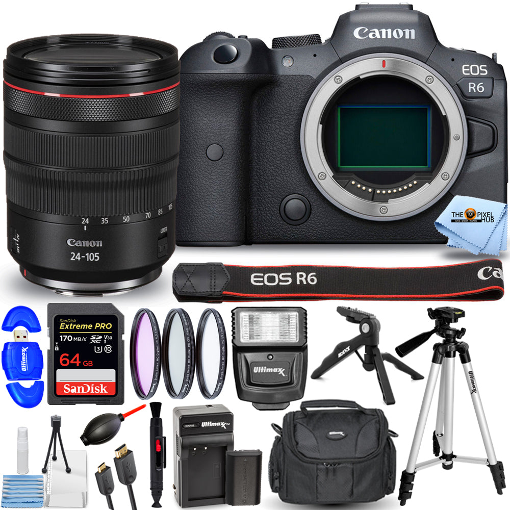 Appareil photo sans miroir Canon EOS R6 avec objectif 24-105 mm f/4 - Ensemble d'accessoires 14 pièces