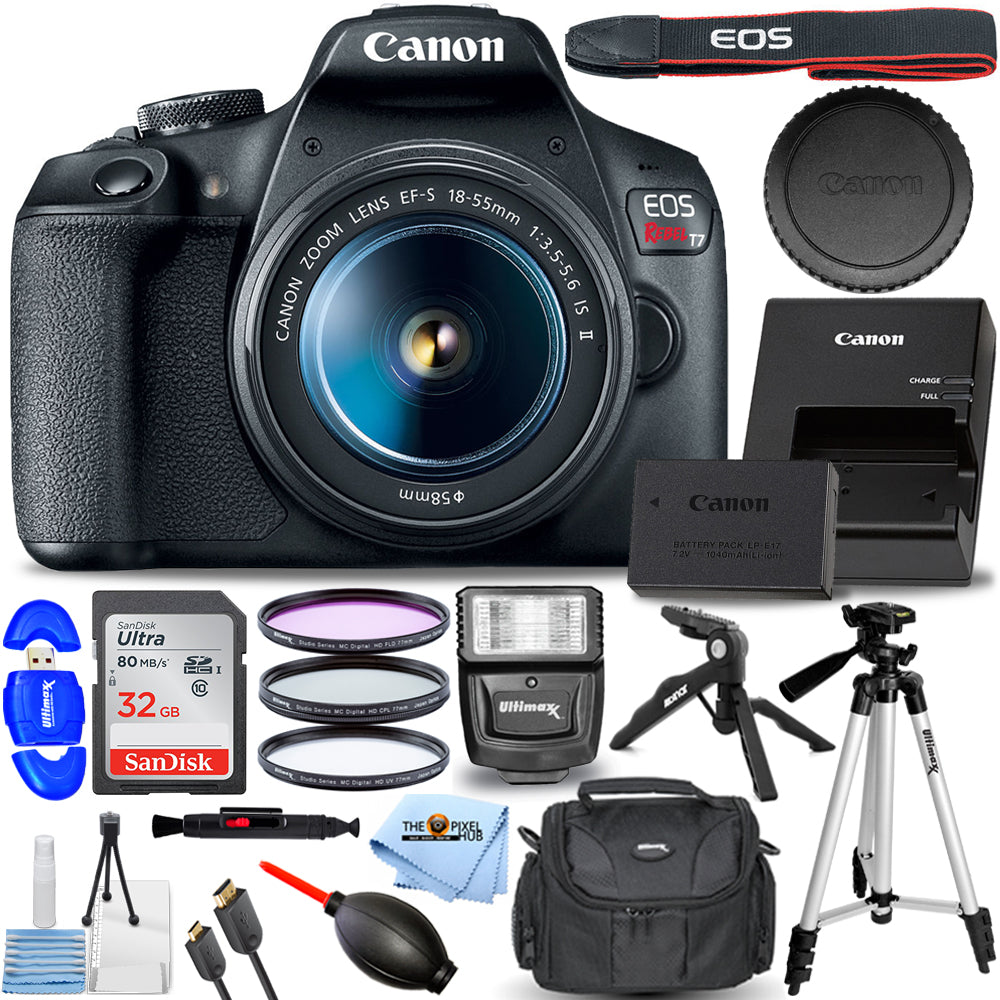 Canon EOS Rebel T7 DSLR Camera with 18-55mm Lens + 32GB + Flash + Tripod Bundle