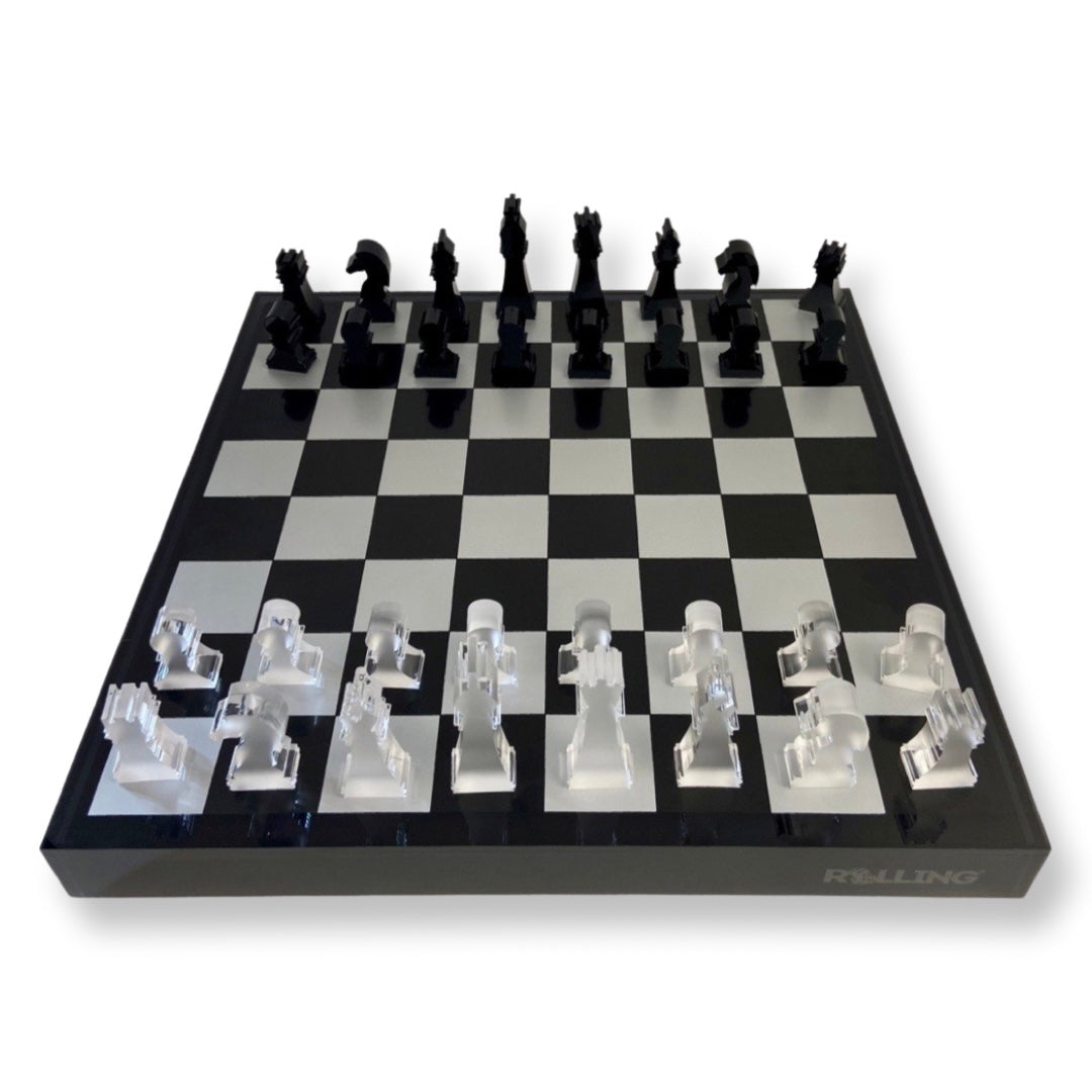 Lucite Acrylic Chess + Checkers Premium Set - Large 17.5" (Black/Silver)