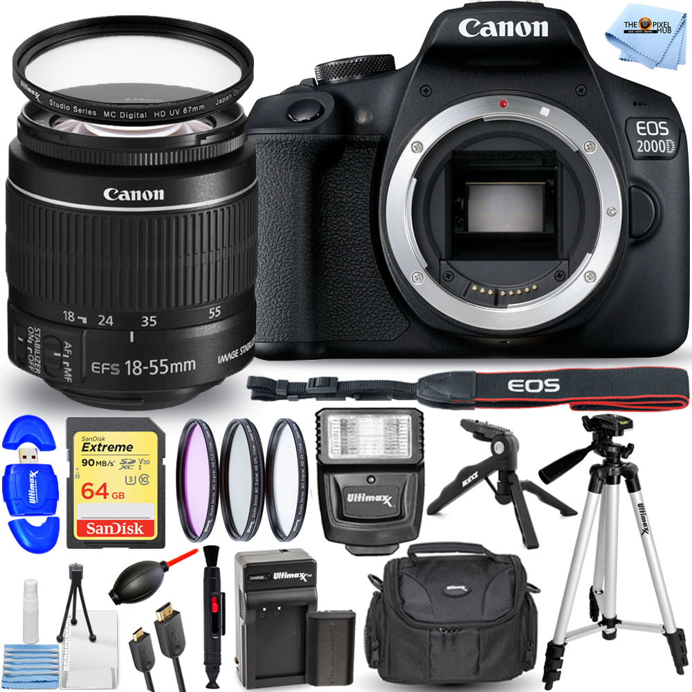 Canon EOS 2000D / Rebel T7 avec objectif IS II 18-55 mm + BATTERIE EXT + Pack 64 Go