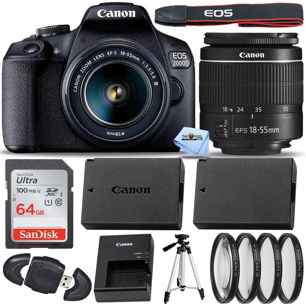 Canon EOS 2000D / Rebel T7 avec objectif EF-S 18-55 mm III + 64 Go + pack EXT BATT