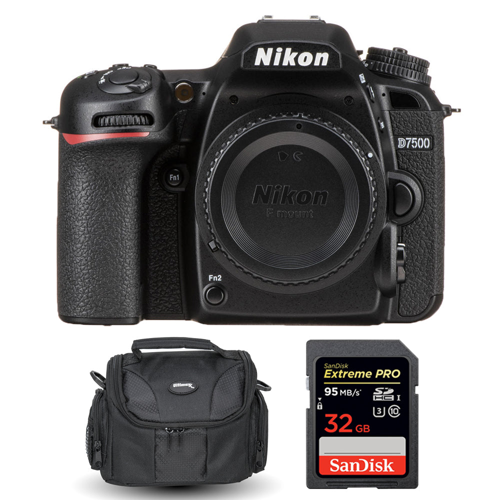 Appareil photo Nikon D7500 4K (boîtier uniquement) 1581 + Sandisk Extreme Pro 32 Go SD et étui