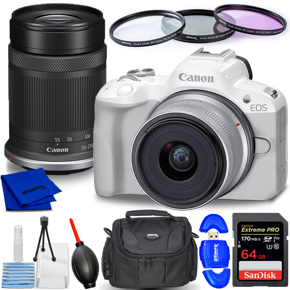 Kit appareil photo sans miroir Canon EOS R50 avec objectifs 18-45 mm et 55-210 mm (blanc)