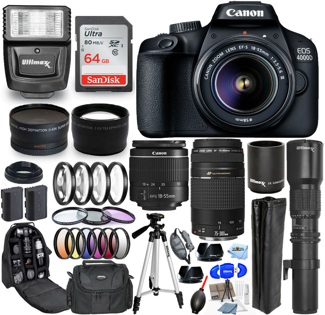 Canon EOS 4000D / Rebel T100 18-55 mm + 75-300 mm + 500 mm Kit d'accessoires 30 pièces