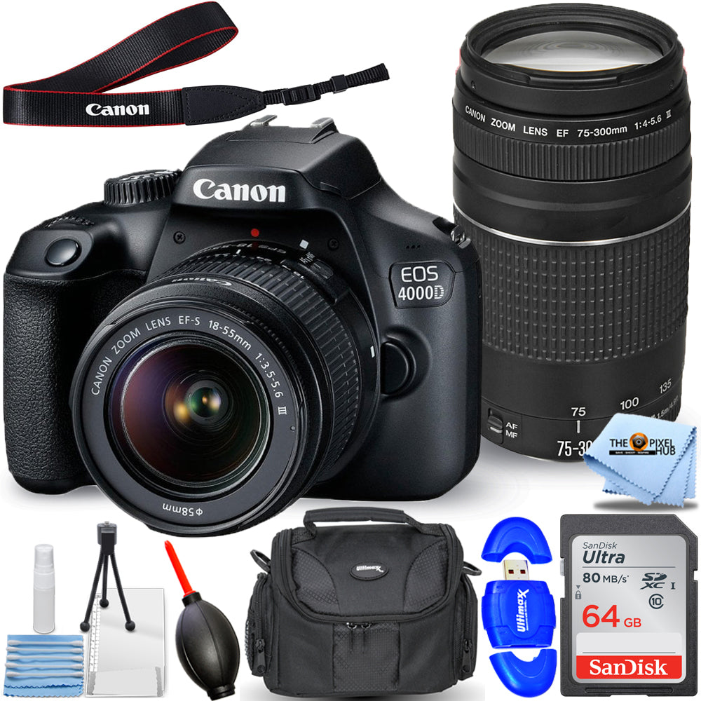 Canon EOS 4000D / Rebel T100 avec objectifs 18-55 mm III + 75-300 mm - Offre groupée 64 Go