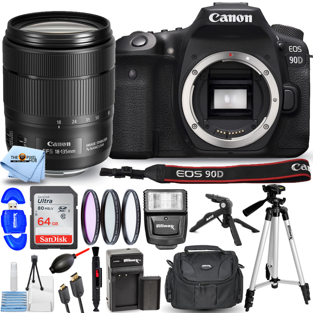 Canon EOS 90D DSLR with 18-135mm Lens + 64GB + EXT BAT + Filter Kit Bundle