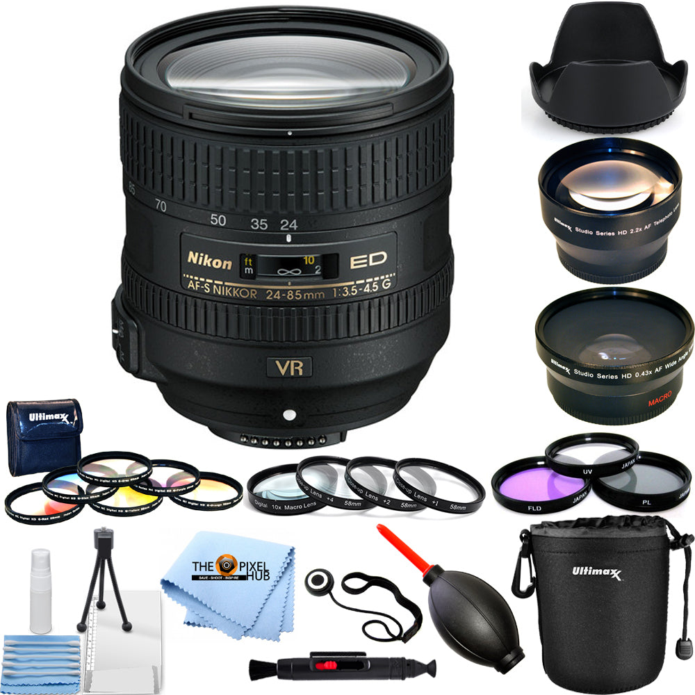 Objectif Nikon AF-S NIKKOR 24-85 mm f/3.5-4.5G ED VR + kit de filtres + pochette d'objectif