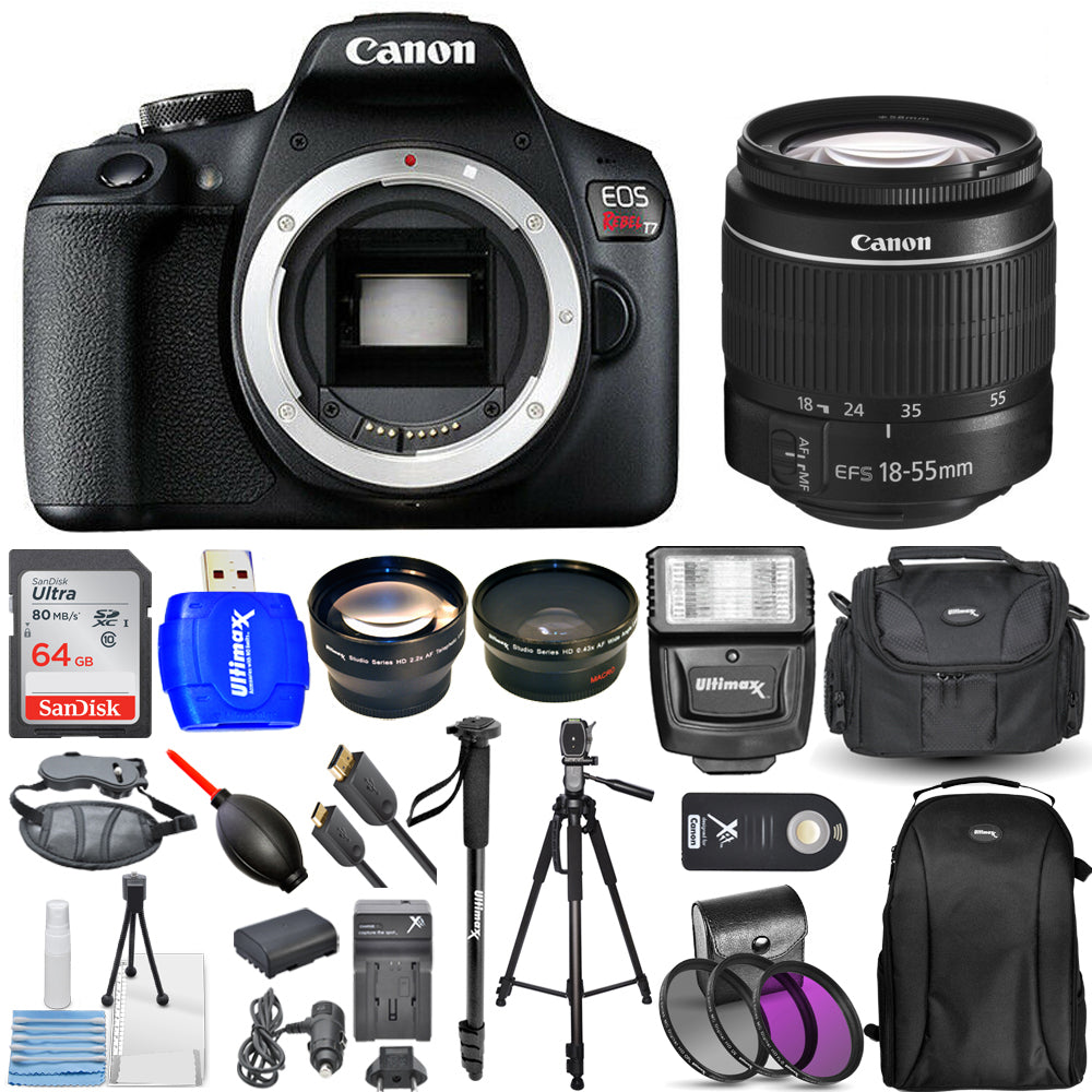 Canon EOS Rebel T7 18-55mm III Lens + EXT BATT + 64GB + Flash Top Value Bundle