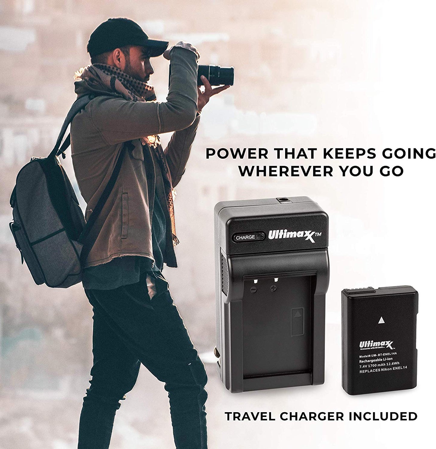 Chargeur de voyage ULTIMAXX + batterie de remplacement pour Nikon ENEL14A - 1700 mah