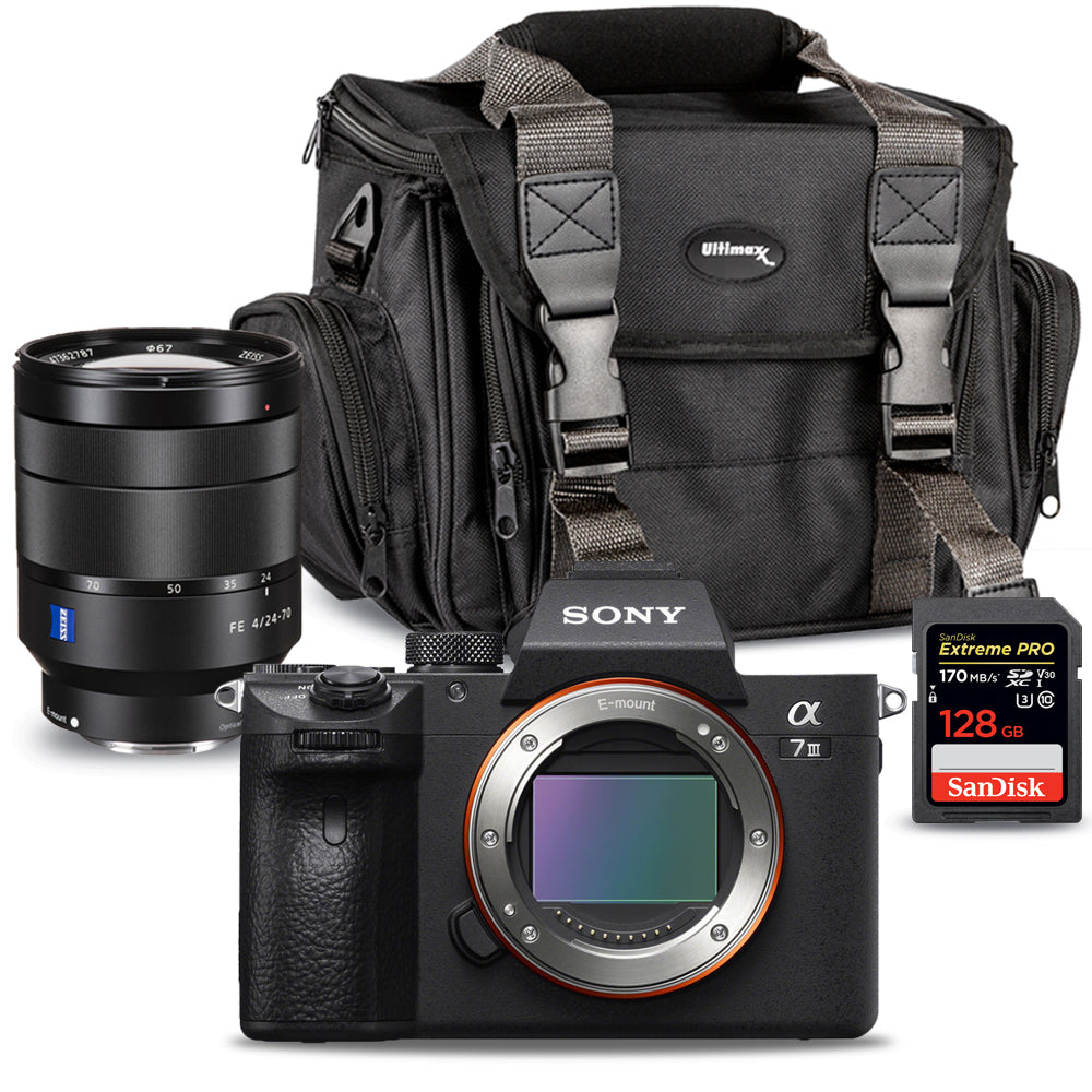 Appareil photo sans miroir Sony a7 III avec objectif 24-70 mm f/4 + 64 Go + sac de transport de luxe