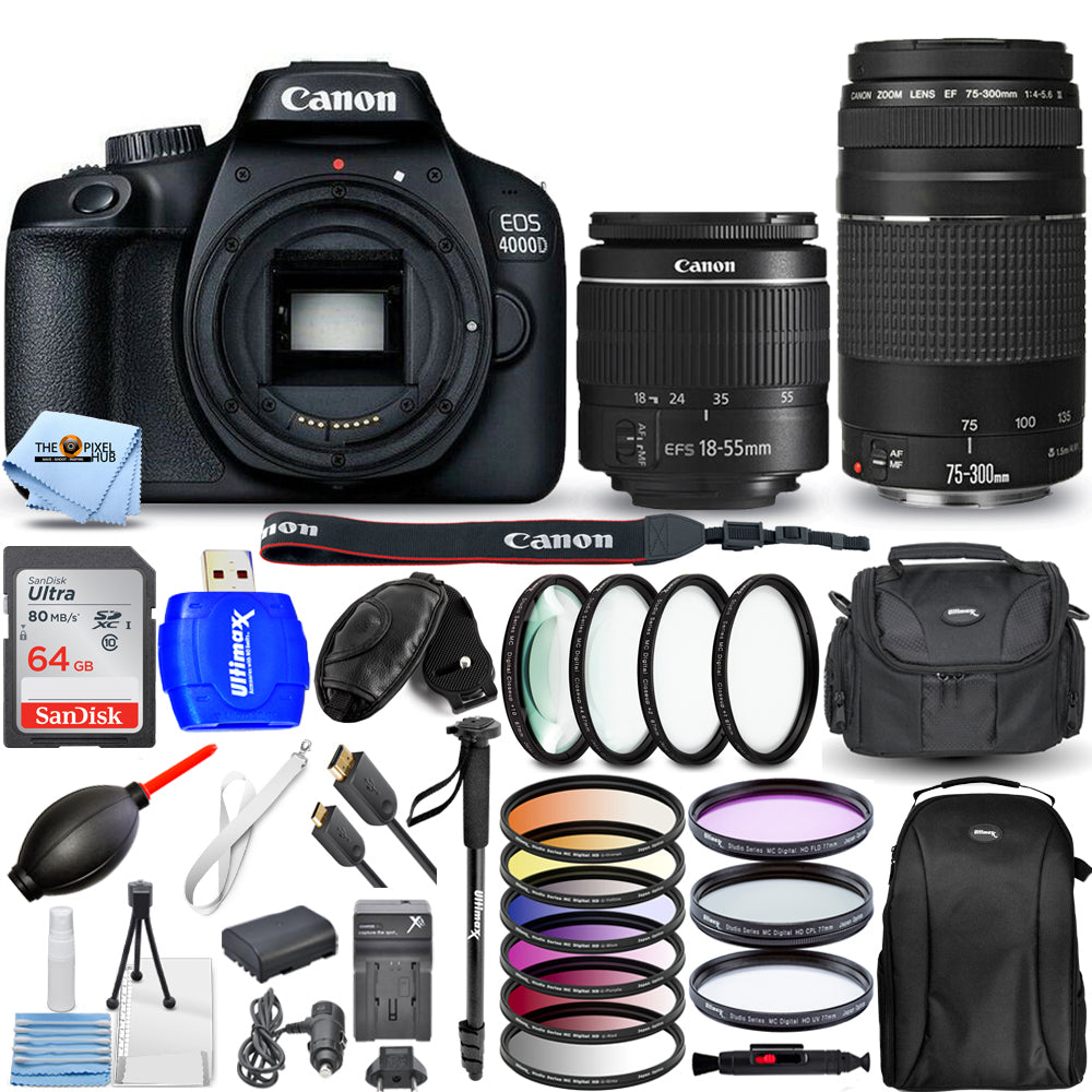 Canon EOS 4000D / Rebel T100 4 objectifs 18-55 mm + 75-300 mm + 64 Go